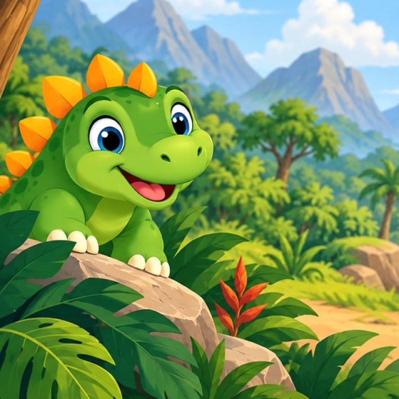 A friendly green dinosaur peeking over a rock in the jungle