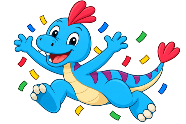 Happy blue dinosaur celebrating a win in a dinosaur game