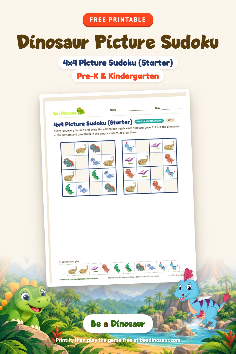 Free Picture Sudoku for Kids: Printable Dinosaur Sudoku Puzzles (4x4 ...