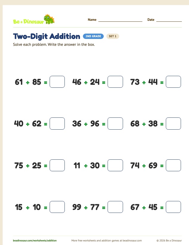 Two-Digit Addition worksheet, set 1 (free printable from Be a Dinosaur)