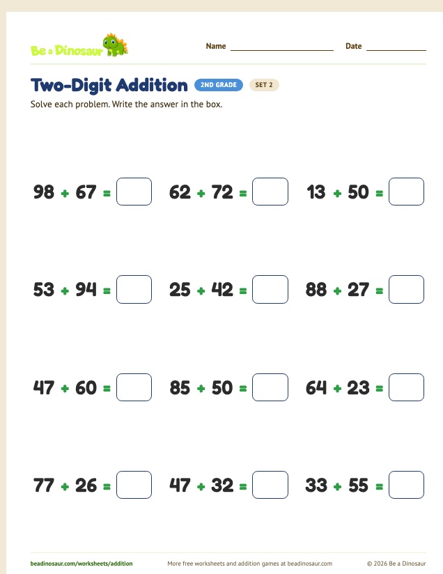 Two-Digit Addition worksheet, set 2 (free printable from Be a Dinosaur)