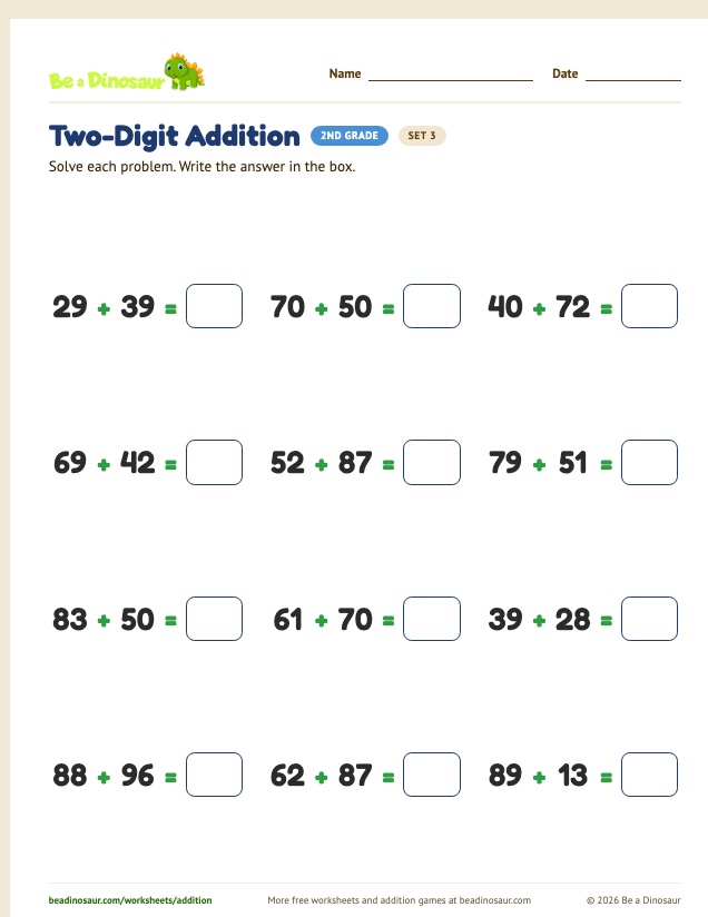 Two-Digit Addition worksheet, set 3 (free printable from Be a Dinosaur)