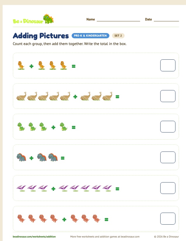 Adding Pictures worksheet, set 2 (free printable from Be a Dinosaur)