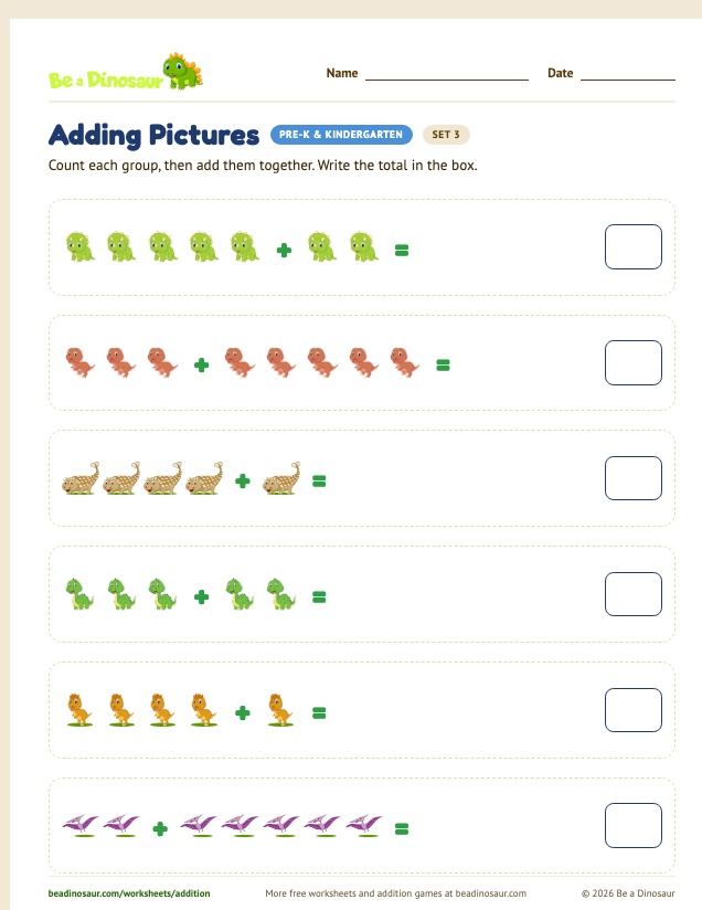 Adding Pictures worksheet, set 3 (free printable from Be a Dinosaur)