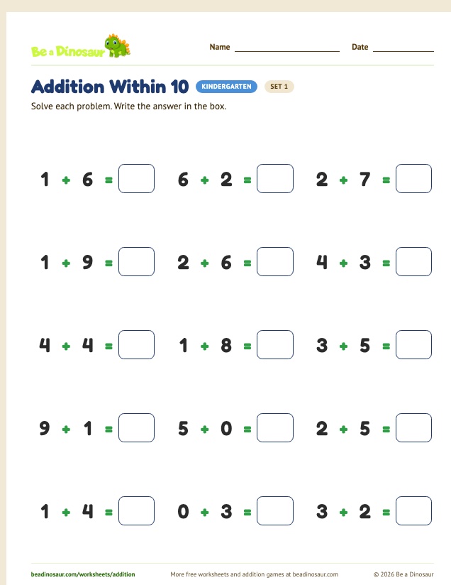 Addition Within 10 worksheet, set 1 (free printable from Be a Dinosaur)