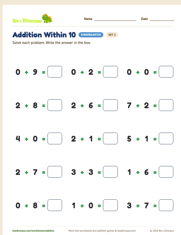 Addition Within 10 worksheet, set 2 (free printable from Be a Dinosaur)
