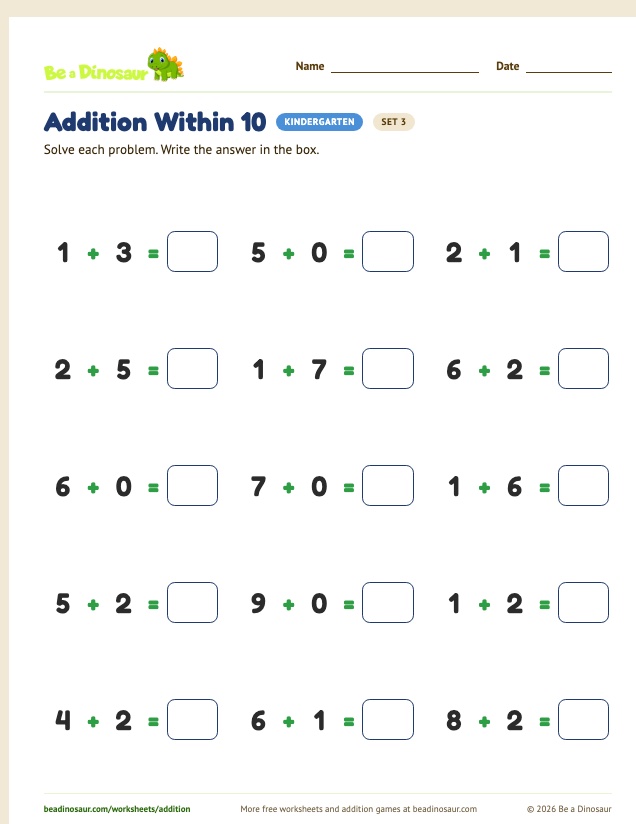 Addition Within 10 worksheet, set 3 (free printable from Be a Dinosaur)
