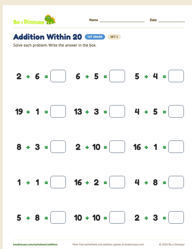 Addition Within 20 worksheet, set 1 (free printable from Be a Dinosaur)