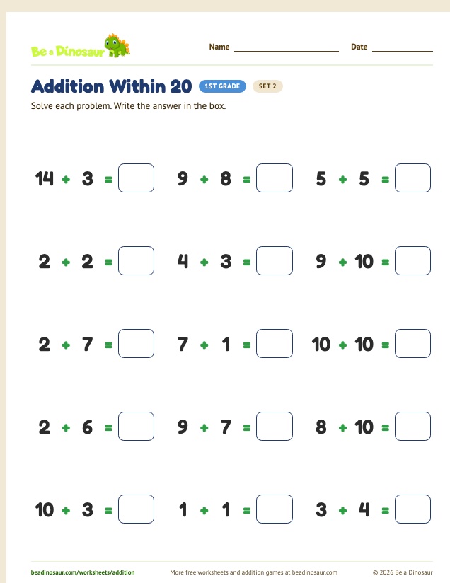 Addition Within 20 worksheet, set 2 (free printable from Be a Dinosaur)