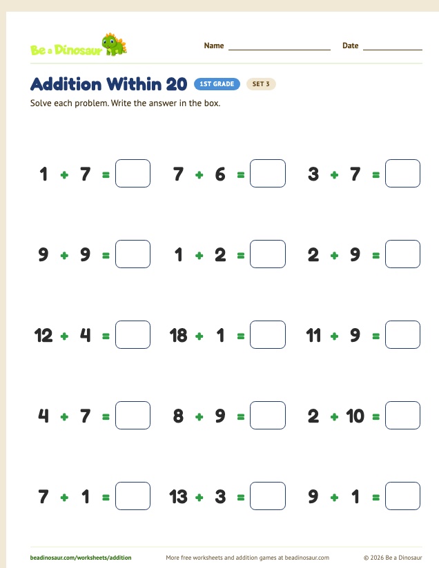 Addition Within 20 worksheet, set 3 (free printable from Be a Dinosaur)