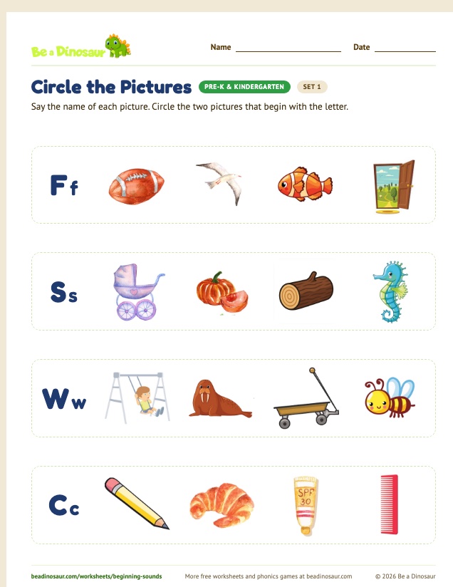 Circle the Pictures worksheet, set 1 (free printable from Be a Dinosaur)