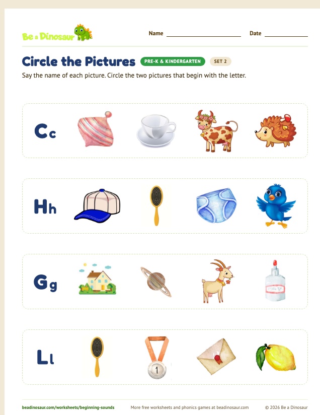 Circle the Pictures worksheet, set 2 (free printable from Be a Dinosaur)