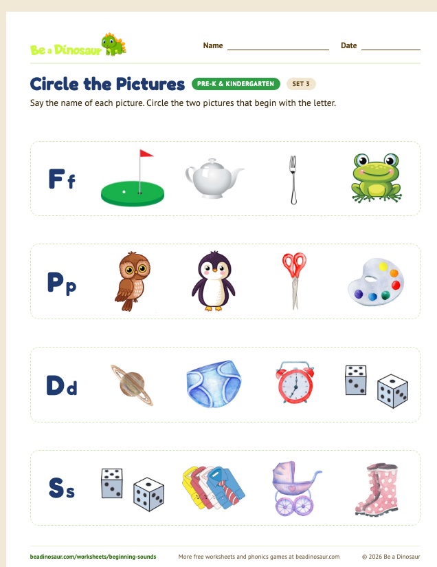 Circle the Pictures worksheet, set 3 (free printable from Be a Dinosaur)