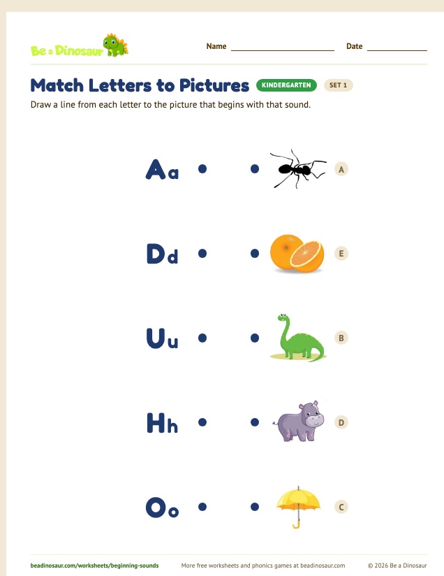Match Letters to Pictures worksheet, set 1 (free printable from Be a Dinosaur)