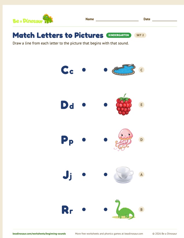 Match Letters to Pictures worksheet, set 2 (free printable from Be a Dinosaur)