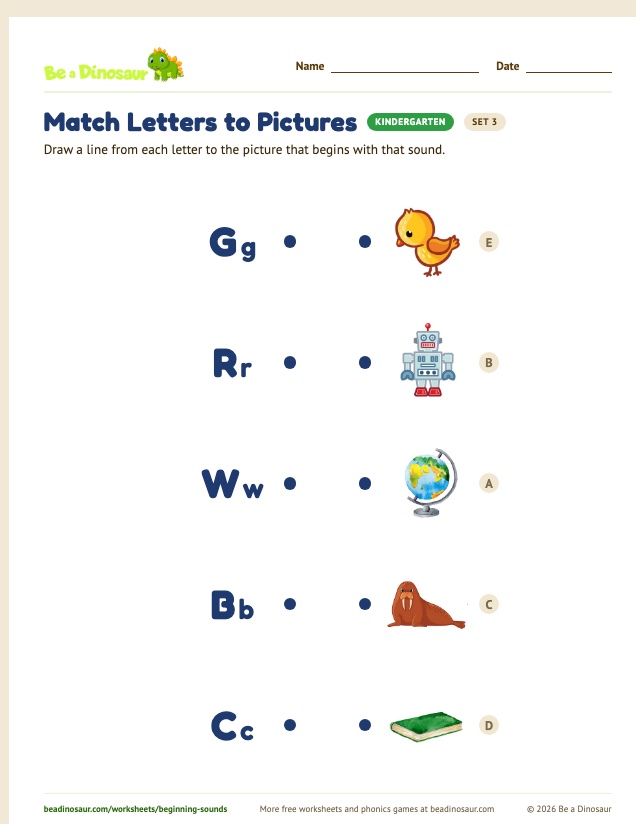 Match Letters to Pictures worksheet, set 3 (free printable from Be a Dinosaur)