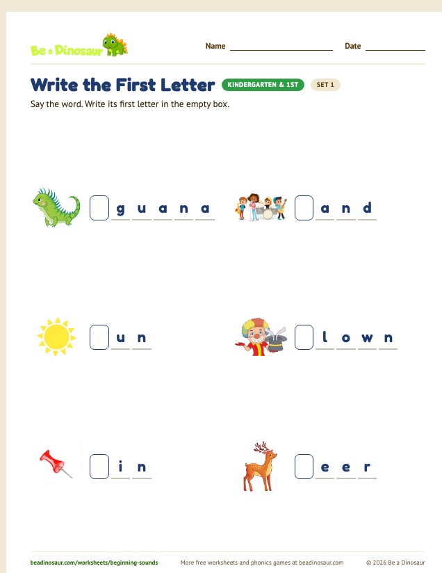 Write the First Letter worksheet, set 1 (free printable from Be a Dinosaur)