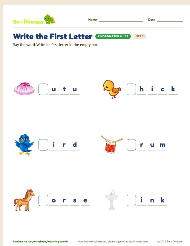 Write the First Letter worksheet, set 2 (free printable from Be a Dinosaur)