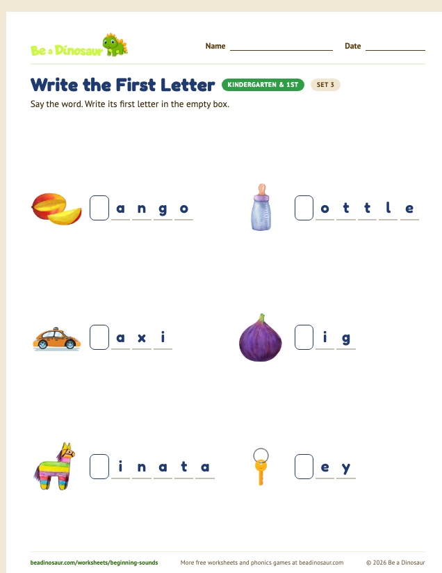 Write the First Letter worksheet, set 3 (free printable from Be a Dinosaur)