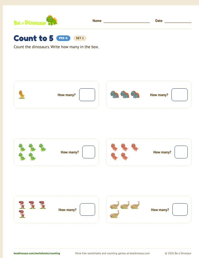 Count to 5 worksheet, set 1 (free printable from Be a Dinosaur)