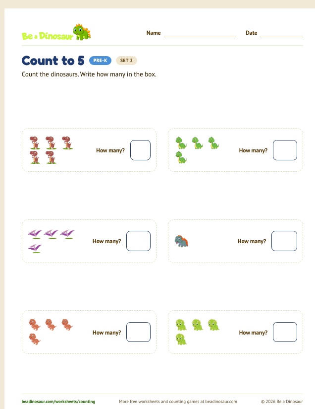 Count to 5 worksheet, set 2 (free printable from Be a Dinosaur)