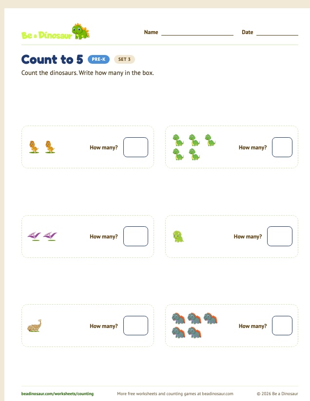 Count to 5 worksheet, set 3 (free printable from Be a Dinosaur)