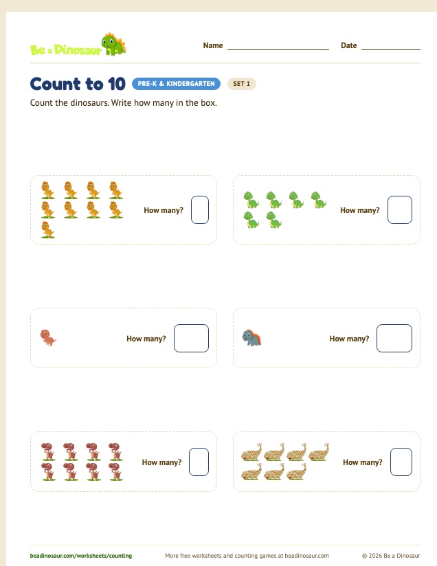 Count to 10 worksheet, set 1 (free printable from Be a Dinosaur)