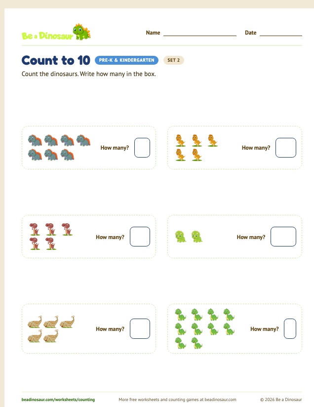 Count to 10 worksheet, set 2 (free printable from Be a Dinosaur)