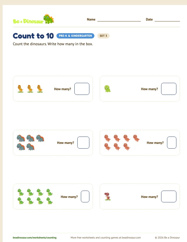 Count to 10 worksheet, set 3 (free printable from Be a Dinosaur)