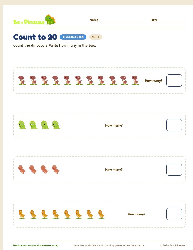 Count to 20 worksheet, set 1 (free printable from Be a Dinosaur)