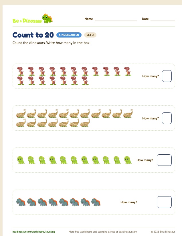 Count to 20 worksheet, set 2 (free printable from Be a Dinosaur)
