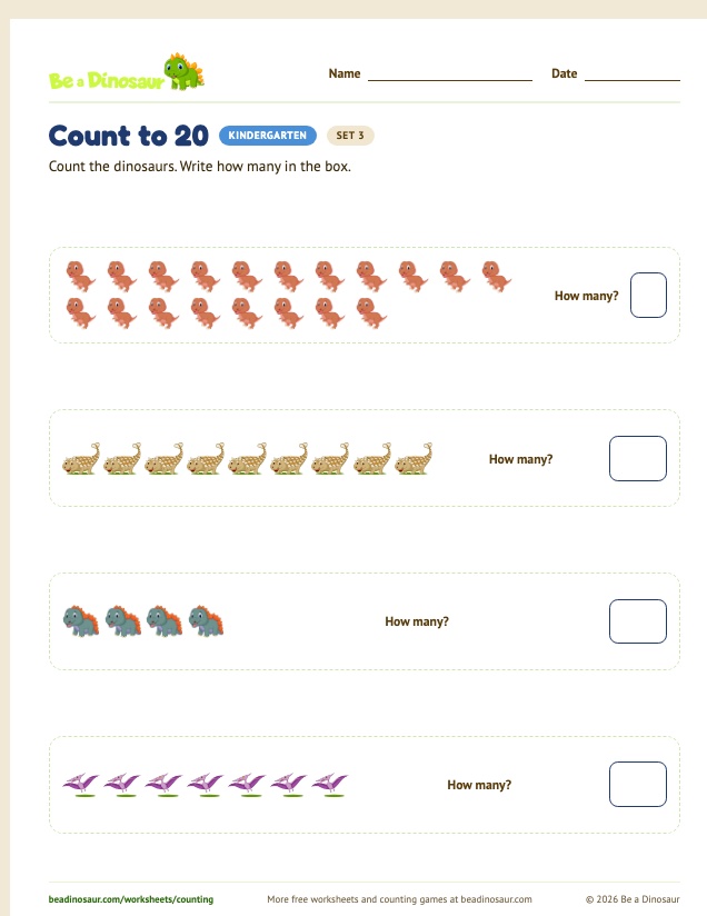 Count to 20 worksheet, set 3 (free printable from Be a Dinosaur)