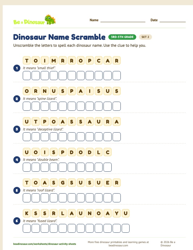 Dinosaur Name Scramble worksheet, set 2 (free printable from Be a Dinosaur)