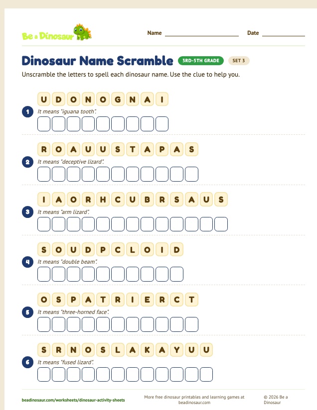 Dinosaur Name Scramble worksheet, set 3 (free printable from Be a Dinosaur)