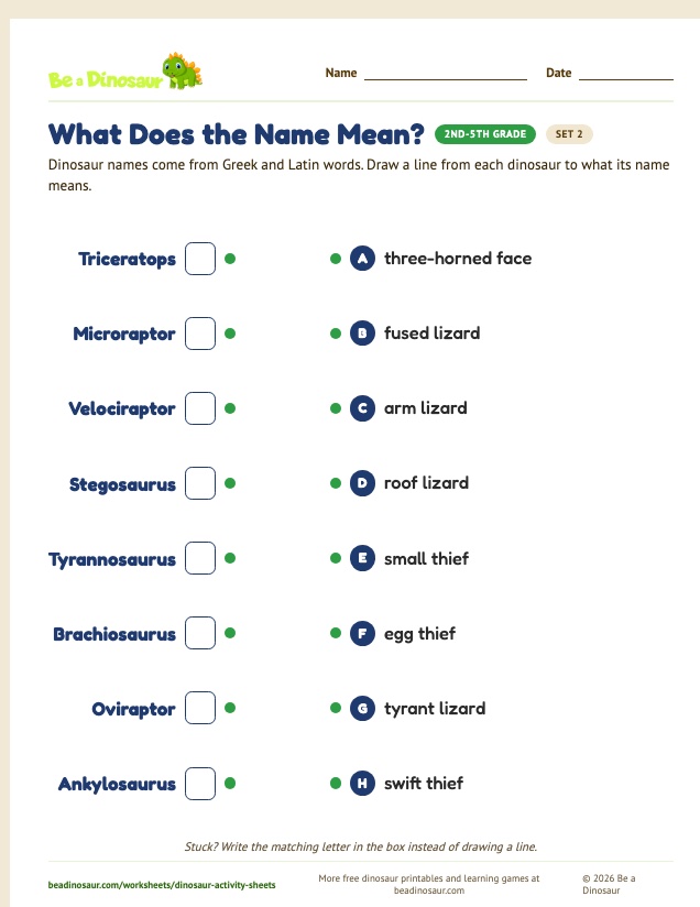 What Does the Name Mean? worksheet, set 2 (free printable from Be a Dinosaur)