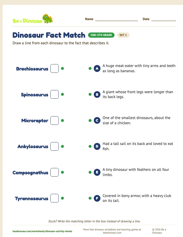 Dinosaur Fact Match worksheet, set 1 (free printable from Be a Dinosaur)