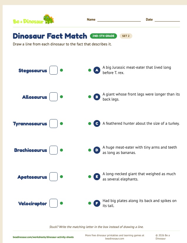 Dinosaur Fact Match worksheet, set 2 (free printable from Be a Dinosaur)