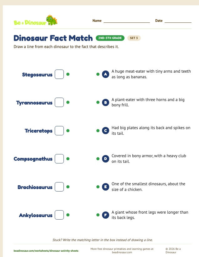 Dinosaur Fact Match worksheet, set 3 (free printable from Be a Dinosaur)