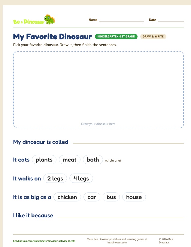 Draw & Write worksheet (free printable from Be a Dinosaur)