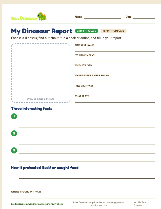 Report Template worksheet (free printable from Be a Dinosaur)