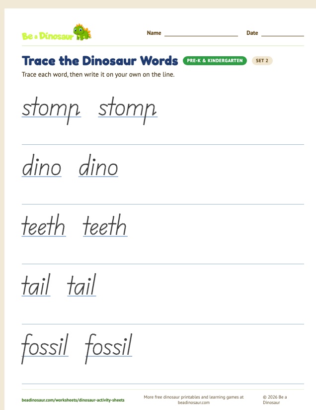 Trace the Dinosaur Words worksheet, set 2 (free printable from Be a Dinosaur)