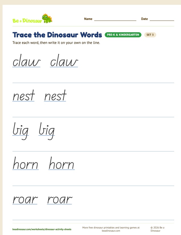 Trace the Dinosaur Words worksheet, set 3 (free printable from Be a Dinosaur)