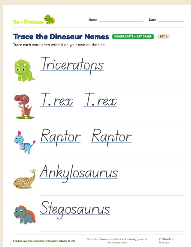 Trace the Dinosaur Names worksheet, set 1 (free printable from Be a Dinosaur)