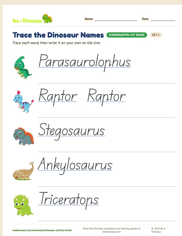 Trace the Dinosaur Names worksheet, set 2 (free printable from Be a Dinosaur)