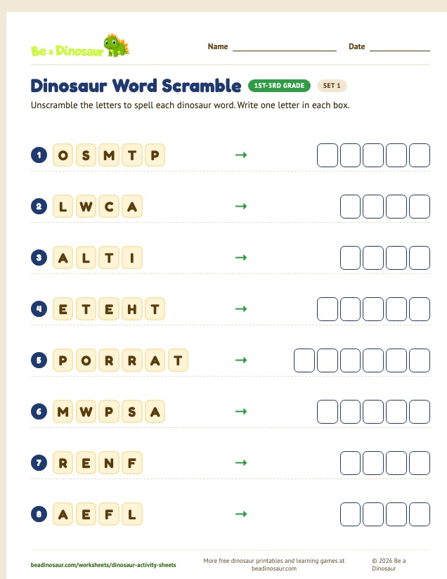 Dinosaur Word Scramble worksheet, set 1 (free printable from Be a Dinosaur)