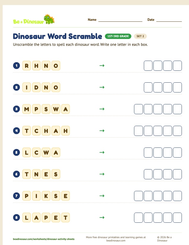 Dinosaur Word Scramble worksheet, set 2 (free printable from Be a Dinosaur)