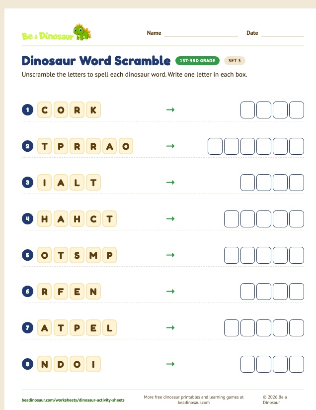 Dinosaur Word Scramble worksheet, set 3 (free printable from Be a Dinosaur)