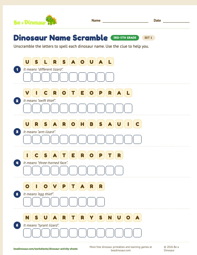Dinosaur Name Scramble worksheet, set 1 (free printable from Be a Dinosaur)