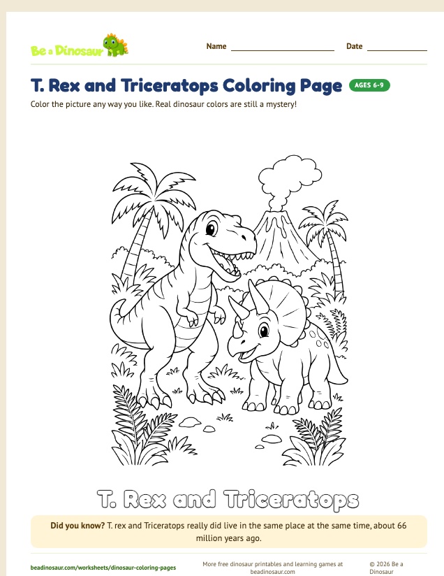 T. Rex and Triceratops coloring page (free printable from Be a Dinosaur)