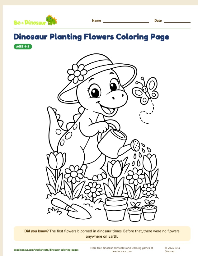 Dinosaur Planting Flowers coloring page (free printable from Be a Dinosaur)